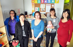 Some of the health care staff who work with the SIPPE program out of Tulattavik include, from left, social pediatrics nurse Pascale Larouche, family educator Stacey Ningiuruvik-Turner, hearing and otitis support worker Lucy Ekomiak, social work Sophie Gonthier and SIPPE/FASD coordinator Marie-Claude Péloquin. (PHOTO BY SARAH ROGERS)